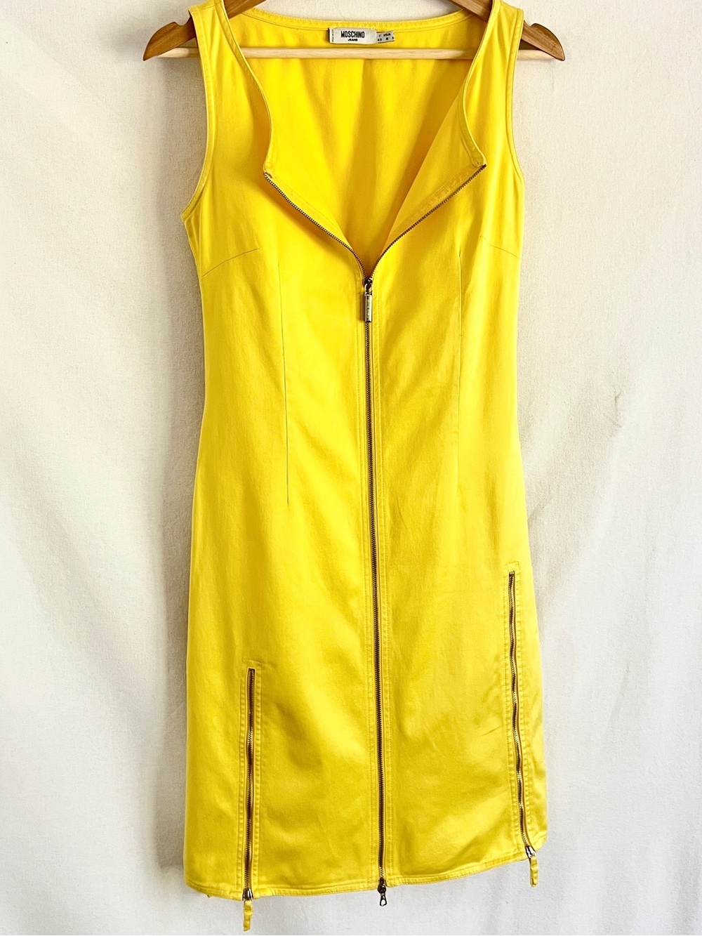 Moschino Jeans Yellow Zip Front Bodycon Dress Italy Y2K 90s M